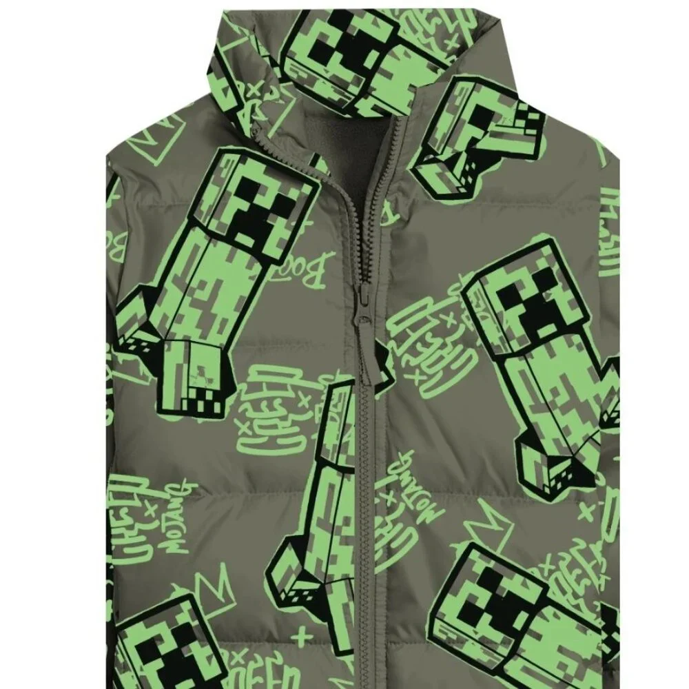 NEW Minecraft Boys Creeper Zip Puffer Jacket Lightweight Size 14 Zippered Size: